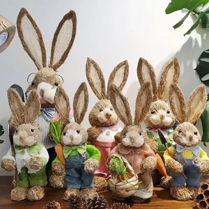 Handmade Gift Christian Easter Home Decor Bunny Figurine Sisal Rabbit Family Egg Basket Decorative Kids Room Decoration