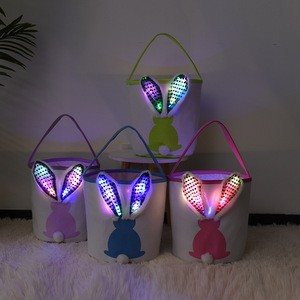 Easter Baskets for Kids with Cute Rabbit Ears Plaid Bucket Storage for Easter Egg Hunt Candy Gifts Led Light Easter Basket