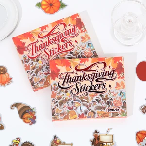 200pcs/box Cartoon Thanksgiving Stickers Gift Box Custom Waterproof Vinyl Maple Leaves Turkey Sticker for Family Holiday Decor