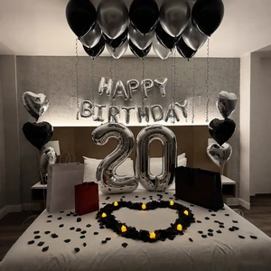 Black Silver Happy Birthday Balloon Kit Number 20 Heart Foil Balloons Adult 20th Birthday Bedroom Decor Globos
