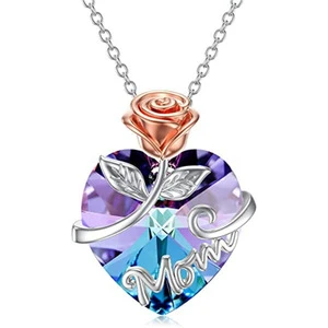 Best Mother's Day Gifts Crystal Jewelry Rose Flower Love Heart Pendant Necklace for Mom/Grandma/Wife