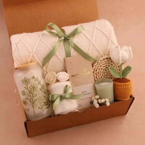 2025 Idea Custom Mother's Day Christmas New Year Self-Care Gift Basket for Women Rose Flower Candle Gift Set with Blanket Mug