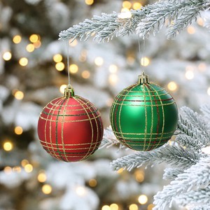 Classic Plaid Christmas Ball Ornaments Set 6Pcs 8cm Red Green Gold Tartan Shatterproof Xmas Tree Hanging Balls PVC Box Gift