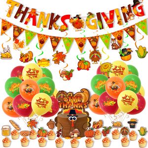 Thanksgiving Party Decorations Kit Including Hanging Banners Cake Toppers Spiral Ornaments for Autumn Harvest Festival Decor