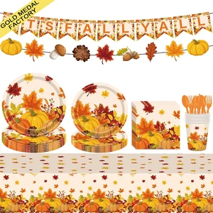 Tableware Set 2025 Thanksgiving Disposable Dinnerware Plate Napkin Cup Knife Fork Spoon Tablecloth for Fall Autumn Harvest Party