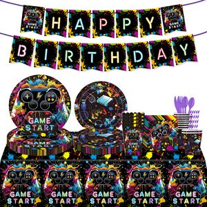 Game on Birthday Party Disposable Tableware Set Paper Banner Tablecloth Plate Cup Knife Fork Spoon for Kids Party