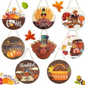 Thanksgiving Wooden Door Sign Round Thankful Happy Thanksgiving Wall Hanger with Turkey & Pumpkin Fall Harvest Home Decoration
