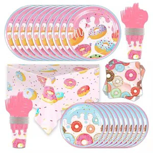 Kids Birthday Party Supplies Donuts Theme Party Children Girl Party Decorations Paper Plate Cup Tablecloth Tableware Set