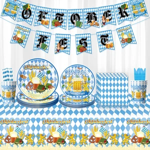 Munich Oktoberfest October Party Tableware Decoration Blue White Plaid Tablecloth Napkins Cups Paper Plates Banner Celebration