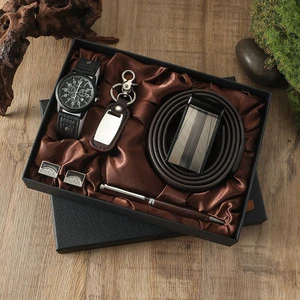 Father's Day Gifts Wholesale 5piece Fashion Men's Watch Set With Gift Box Keychain Ballpoint Pen Cufflinks Belt Watch Set Gift