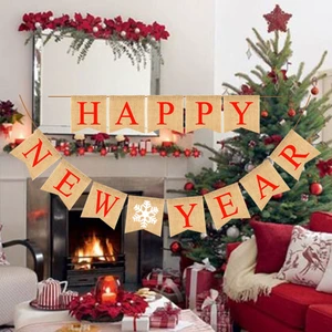 Wholesale New Snow Red Font Dovetail Happy New Year Banner Bunting New Year Party Decoration Supplies