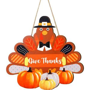Autumn Thanksgiving Door Sign MDF American Country Style Turkey and Pumpkin 11 X 11 Inch Wall Decor Personal Gift Home Decor