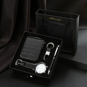 Light Luxury Leather Business Gift Set with Large Dial Quartz Watch Tie & Pen for Father's Day & Business Events