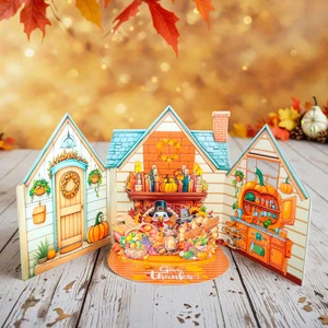 Vintage Creative Thanksgiving Double Door 3D Pop-up Card Harvest Fruit Pumpkin House Pumpkin Turkey Message Greeting Cards