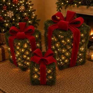 Christmas Decoration Products High Quality New Green Plastic Artificial Pine Gift Box 3 Piece Per Set for Home Xmas Supplier