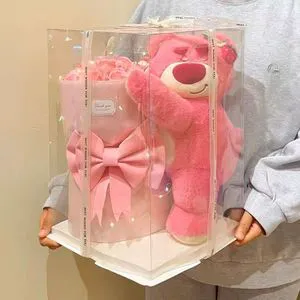 Hot Sale Strawberry Bear Eternal Rose Flower Bouquet Hug Bucket Clear Plastic Gift Box With Ribbon For Valentine's Day Birthday