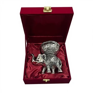 Jaipurios Luxury Exquisite Handmade German Silver Elephant Diya UV Printed Velvet Red Gift Box Decorative Set Thanksgiving