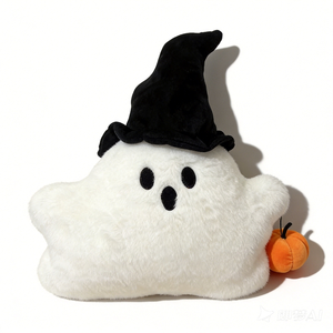Halloween Ghost Plush Pillow With Witch Hat & Mini Pumpkin Fluffy Spooky Stuffed Ghost Cushion