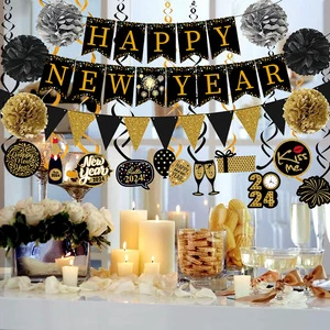 2026 New Year's Day Party Supplies Decoration Pull Flag Spiral Paper Flower Ball Set Black+Gold Party Accessories