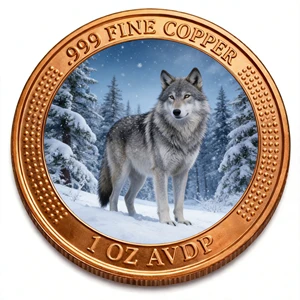 Source Factory Custom 1 Oz 999 Fine Copper Animal Challenge Coin High Relief Outer Ring UV Printed Center Wolf Collectible