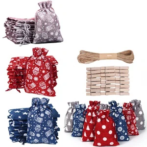 Linna 10x14cm Eco-friendly Burlap Advent Calendar Bag Set with Screen Printing Hanging Gift Holder for Promotional Gifts