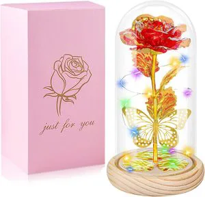Artificial flower Gift for Her Women Fake Flowers Gifts for Mom Girlfriend Wife Red Rose in A Glass Dome Gifts for Valentine Day