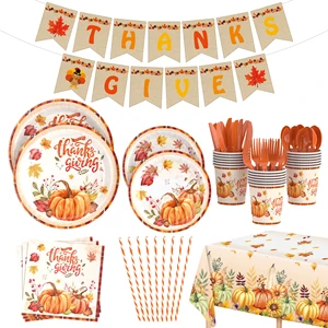 Elegant Thanksgiving Paper Plate Set Disposable Fall Tableware Pumpkin Maple Leaf Design for Autumn Party Celebration