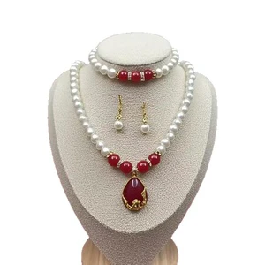 Synthetic Pearl Necklace Three-piece Set Chinese Style Geometric Shape Green Mother's Day Accessories