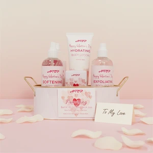 Valentine's Day 6-Piece Bath Gift Set-Floral Scent Body Care for Children & Adults with Pink Heart-themed Metal Tray