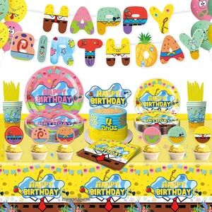 Cross-Border SpongeBob Party Children's Birthday Theme Paper Plates Set with Tissue Paper & Tablecloth Decoration Supplies