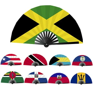 Factory Wholesale Caribbean National Country Flag Bamboo Folding Hand Fan Jamaica Held Fan For Carnival