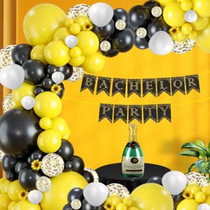 Groom To Be Premium Decoration Combo Kit | 58 PCS Yellow Black White Confetti Balloons with Glue Dots & Party Banner
