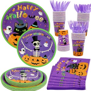 Purple Pumpkin Halloween Theme Disposable Dinnerware Set Party Decorations Thick Paper Plate Napkin Cup Tableware Party Supplies