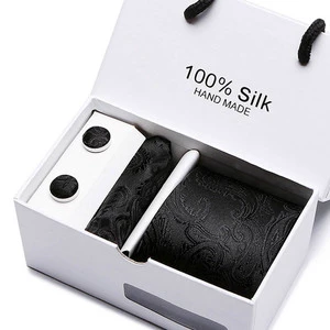 White Gift Box Custom Wholesale Black Men Striped Silk Tie and Hanky Sets Cufflink Tie Set Necktie Sets