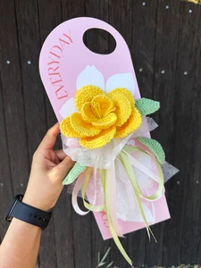 Luxury Handmade Cotton Crochet Yellow French Rose Single Stem Flower Gift Wrap Romantic Gift for Mother's Day Home Decor YUGOU