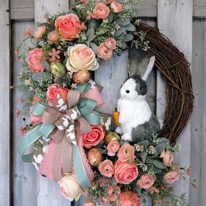 Professional Manufacture Easter Decoration Rabbit Garland Wreath Home Artificial Flower Wreath Door Hanging