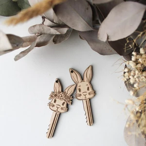 Customized Laser Engraving On Wood Logo Easter Bunny Pattern Door Handle Pendant Decoration For New Home Decor Wooden Craft