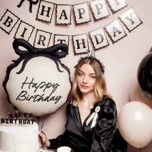 Black Bow Birthday Round Shape Foil Balloon Luxury Style For Birthday Party Anniversary Event Scene Decoration