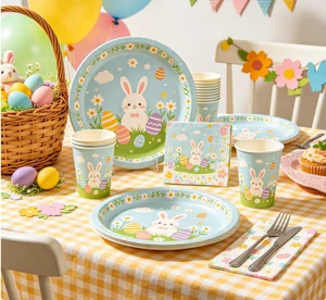 Easter Egg Bunny Disposable Party Supplies Kit for Celebration Colorful Easter Themed Disposable Plates Cups Napkins Set