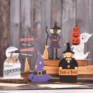 CJH Cross-Border New Halloween Decorations Witch Ghost Painted Wooden Ornaments Party Dress-Up Props