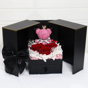 Bear Artificial Flowers Rose Double Door Necklace Box Gifts for Women Valentine'S Day Gift Mother Day Holiday Gift