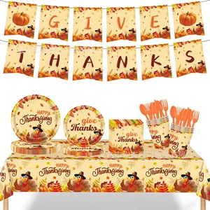Birthday Party Tableware Set Disposable Paper Plates Cups Napkins Tablecloth Pumpkin Maple Leaf Decorations Hot Selling