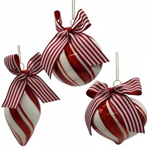 Hot Sale Red&White Striped Christmas Glass Ornament Christmas Tree Supplies Xmas Decor 8cm Hand-painted Ball With Bow