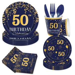 50th Birthday Party Supplies Disposable Tableware Set for Men Blue and Gold 50 Birthday Party Decorations