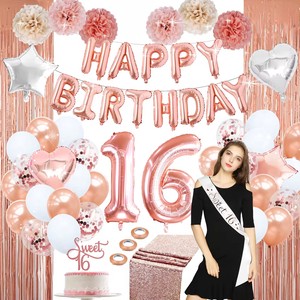 16th Rose Gold Happy Birthday Party Supplies Hanging Foil Balloon Garland Rose Gold Adult Party Decoration Set