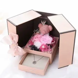 Mother's Day Valentines Day Gift Eternal Rose Box Moss Bear Preserved Roses Necklace Jewelry Gift Box Set Gift for Mom Women