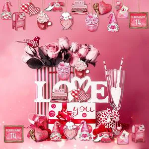 12Pcs Valentine's Day & Wedding Wooden Ornaments Mixed Shape Gnome Hollow-Out Hanging Decorations with Ropes