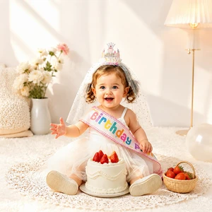 Princess Birthday Crown Headband with Tulle Veil and Rainbow Sash Set for Girls Hot Selling Flag Fabric Party Accessories Kit