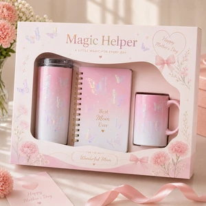 Luxury Mothers Day Promotion Gift Set with Tumbler Ceramic Mug Notebook Custom Pink Gift Box for Women
