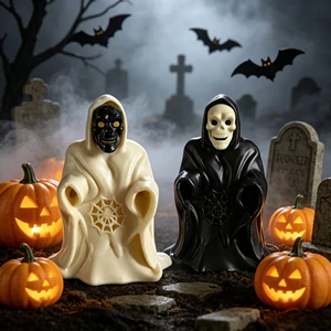 Novelty Halloween Spooky Party Decor Black & White Skeleton Ghost Lantern with Spiderweb Design Halloween Grim Reaper LED Light